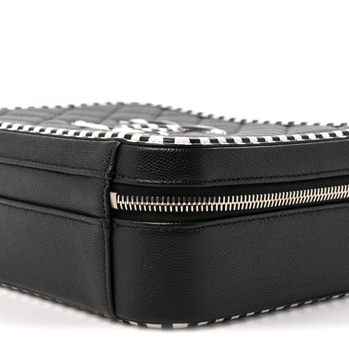 Chanel Caviar Quilted Striped Medium CC Filigree Vanity Case Black White 9 of 10