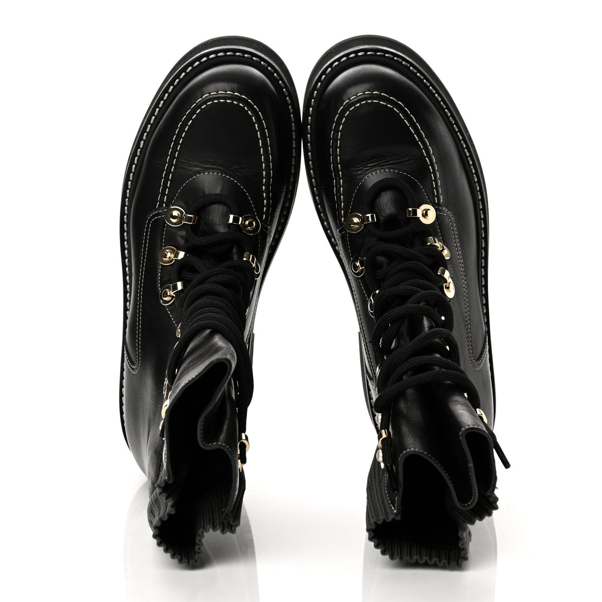 Chanel Calfskin Knit Lace Up Combat Boots 38.5 Black Dark Grey 2 of 10