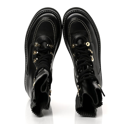 Chanel Calfskin Knit Lace Up Combat Boots 38.5 Black Dark Grey 2 of 10