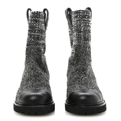 Chanel Wool Tweed CC Cap Toe Ankle Boots 38.5 Black Grey 3 of 8