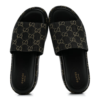 Gucci Jacquard Black Denim GG Monogram Angelina Platform 55mm Slide Sandals 41 Black Ivory 2 of 9