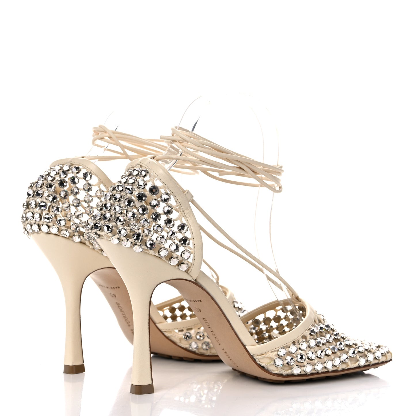 Mesh Nappa Crystal Embellished Sparkle Stretch Ankle Tie Sandals 40 Toile