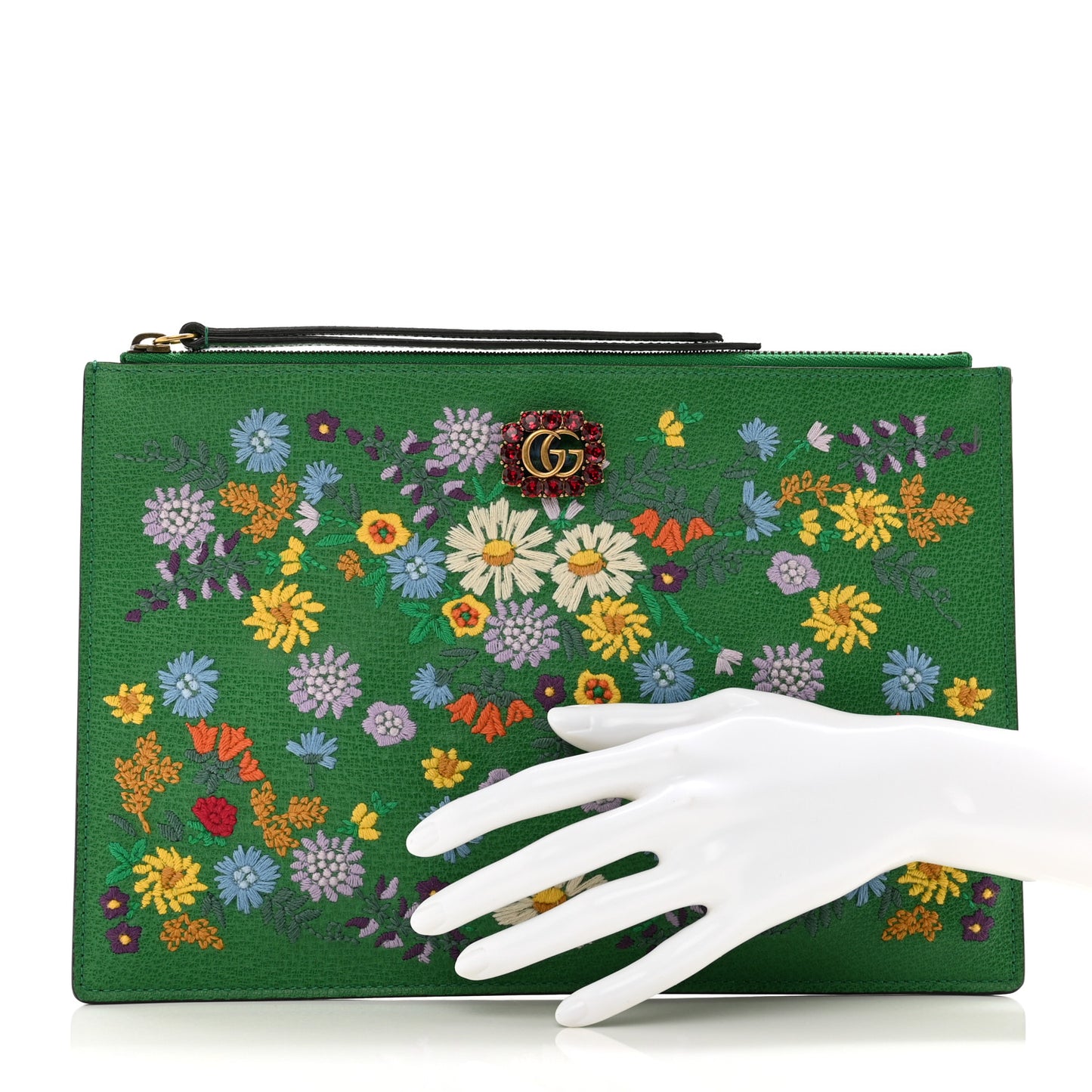 Textured Calfskin Crystal Fiori Floral Embroidered GG Zip Pouch Grass Green