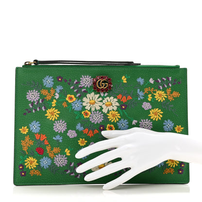 Gucci Textured Calfskin Crystal Fiori Floral Embroidered GG Zip Pouch Grass Green 2 of 7