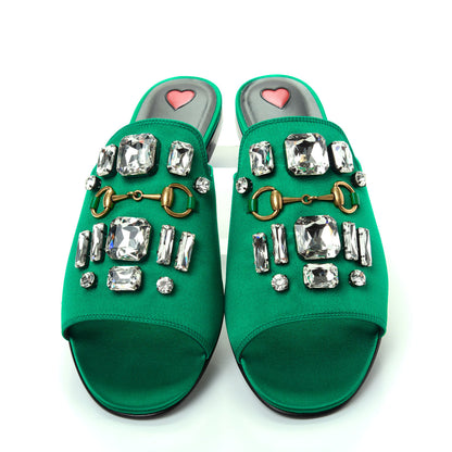 Gucci Satin Malaga Kid Horsebit Slide Sandals 39.5 Shamarock Emerald 5 of 11