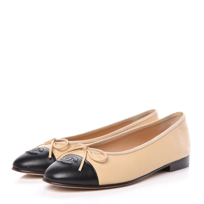 Chanel Lambskin Cap Toe CC Ballerina Flats 37 Beige Black 3 of 16