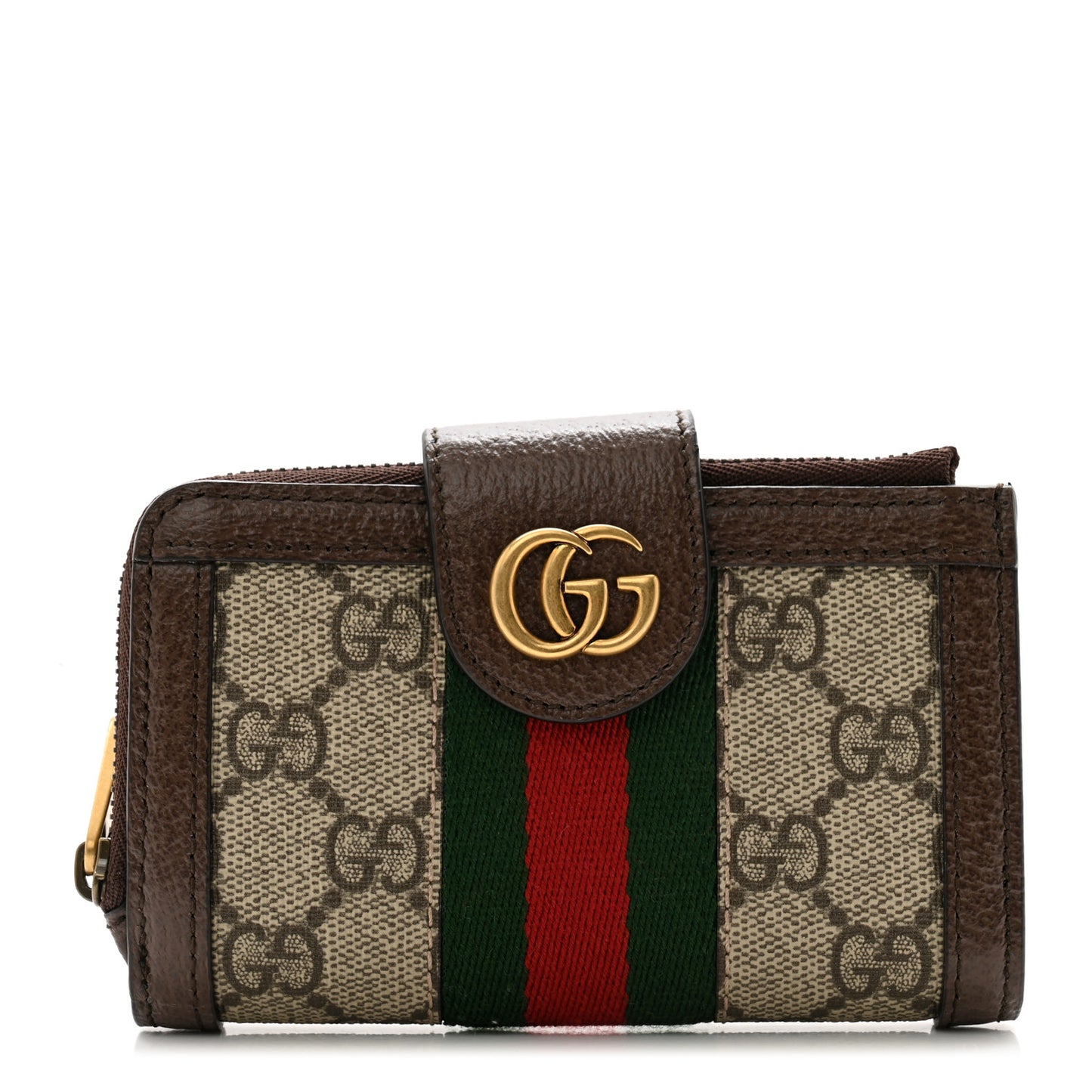 GG Supreme Monogram Textured Dollar Calfskin Web Ophidia Overlay Zip Around Card Case Wallet Beige Ebony New Acero