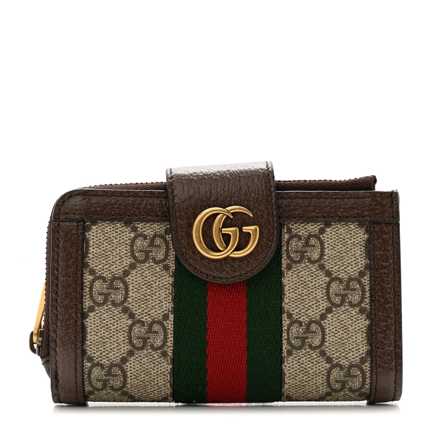 Gucci GG Supreme Monogram Textured Dollar Calfskin Web Ophidia Overlay Zip Around Card Case Wallet Beige Ebony New Acero 1 of 9