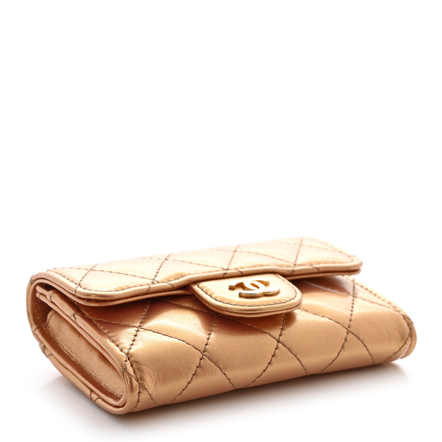 Metallic Lambskin Quilted Flap Card Holder Wallet Golden