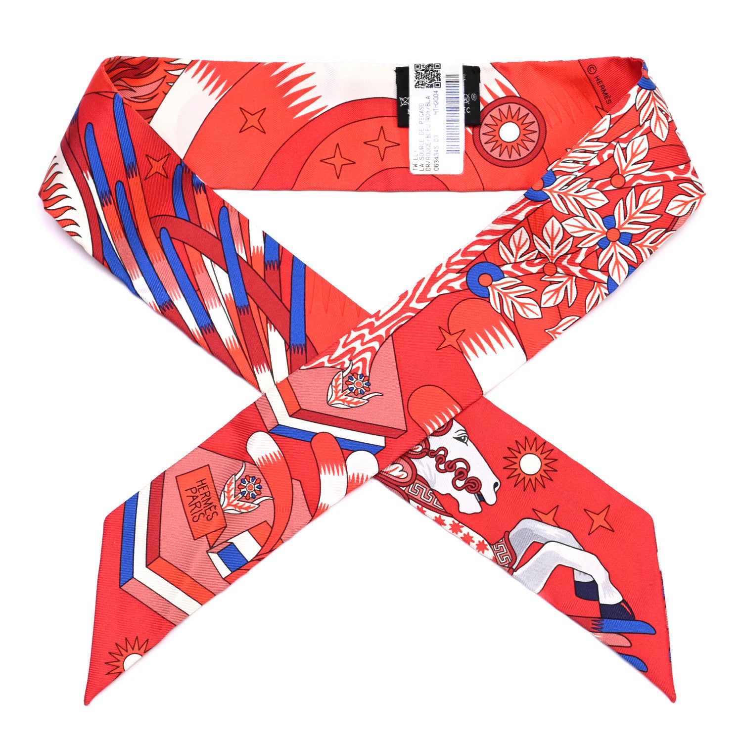 Hermes Silk La Source de Pegase Twilly Rouge Bleu Royal White 2 of 8