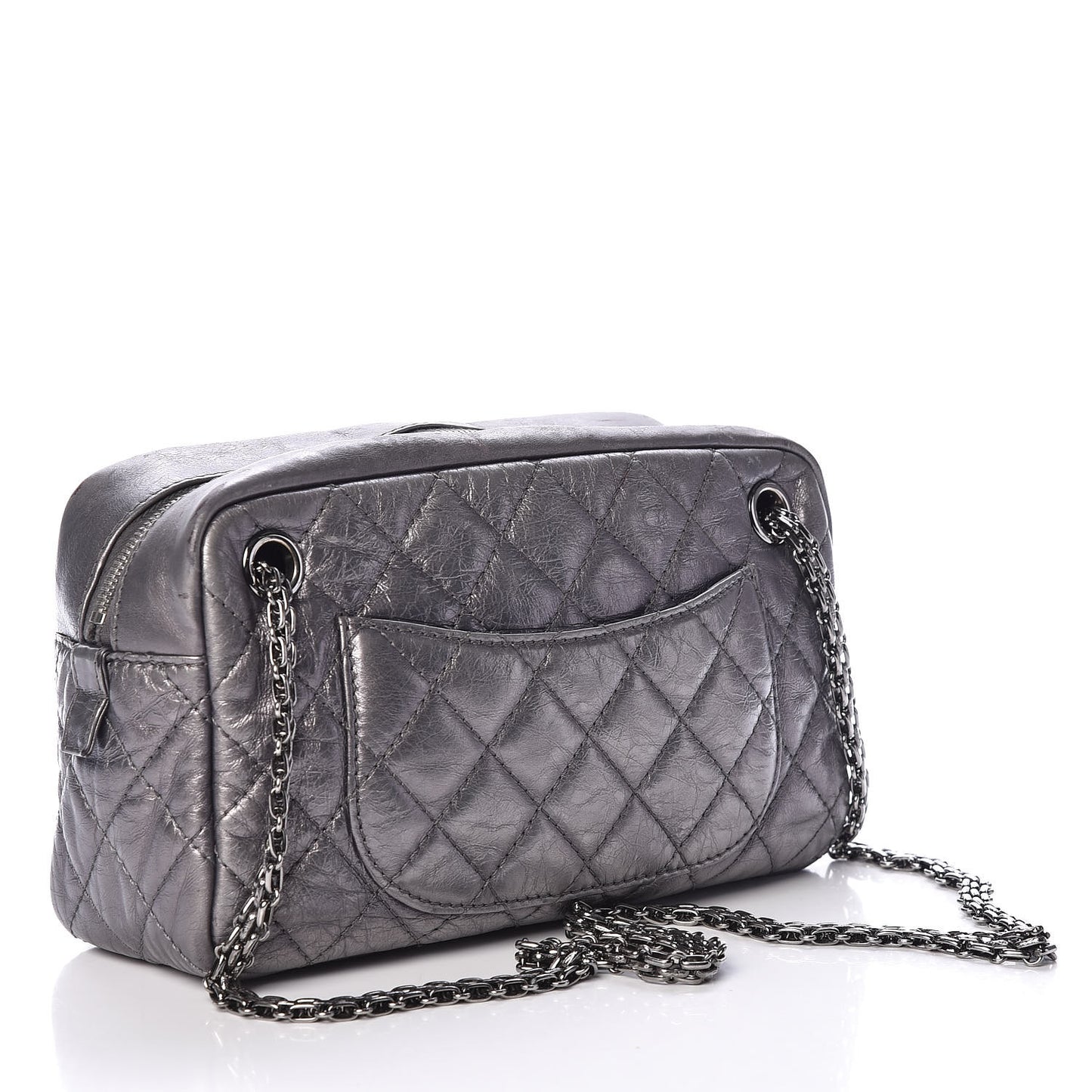 Metallic Aged Calfskin Quilted Medium Reissue Camera Case Dark Silver