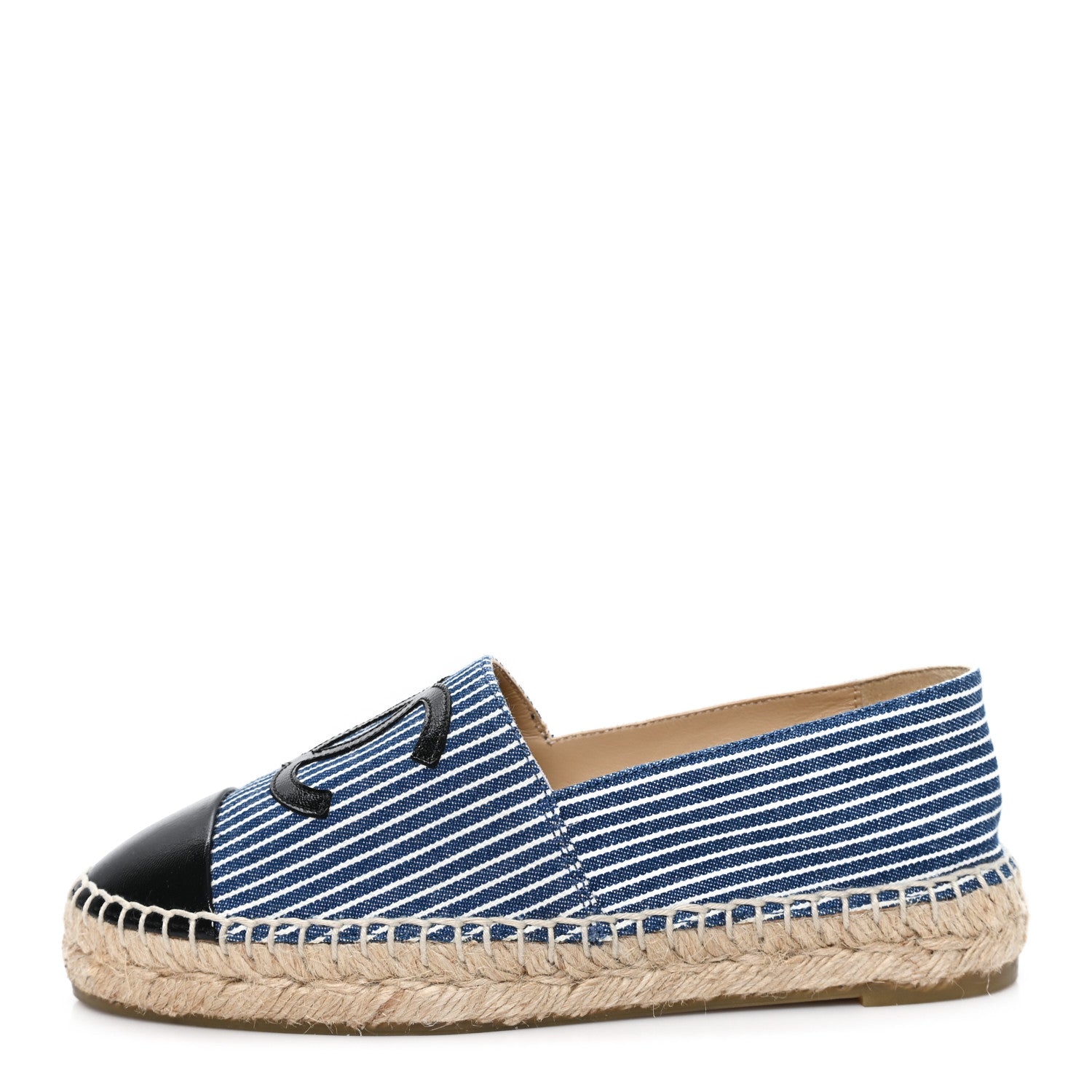 Chanel Canvas Striped Patent CC Espadrilles 35 Navy Black 1 of 10