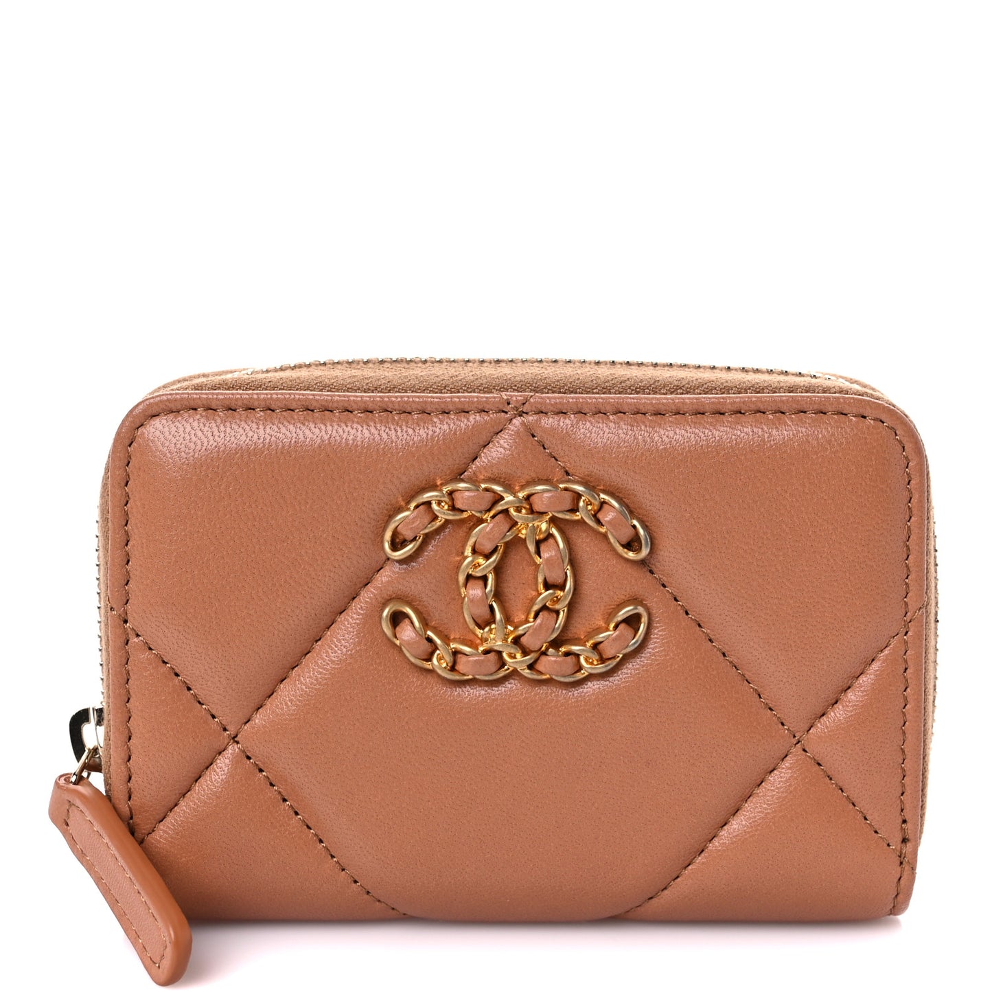 Lambskin Quilted Chanel 19 Zip Around Coin Purse Wallet Brown