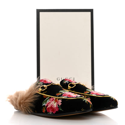 Gucci Velvet Fur Floral Princetown Slippers 38 Black 8 of 8