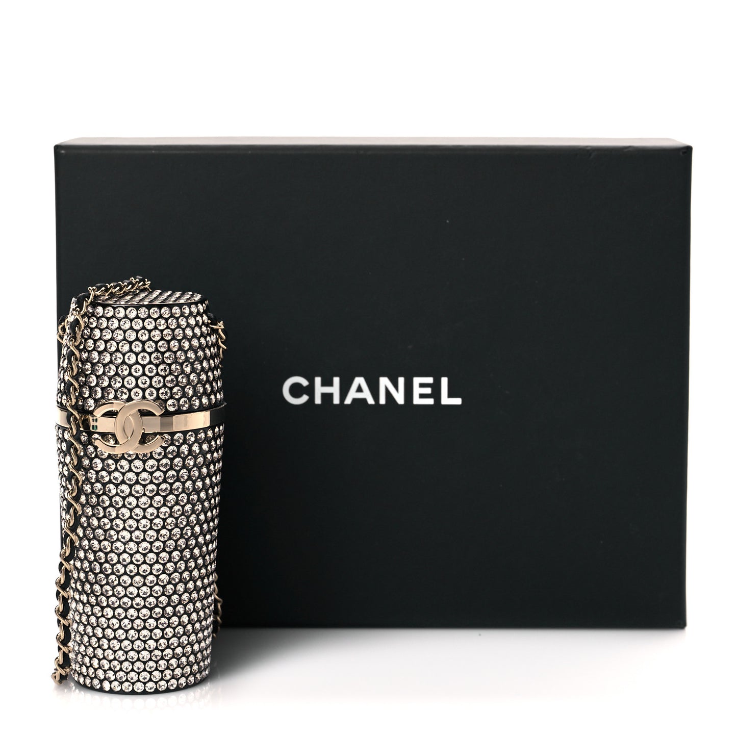 Metal Resin Lambskin Crystal Lipstick Case Long Necklace On Chain Silver Black Gold