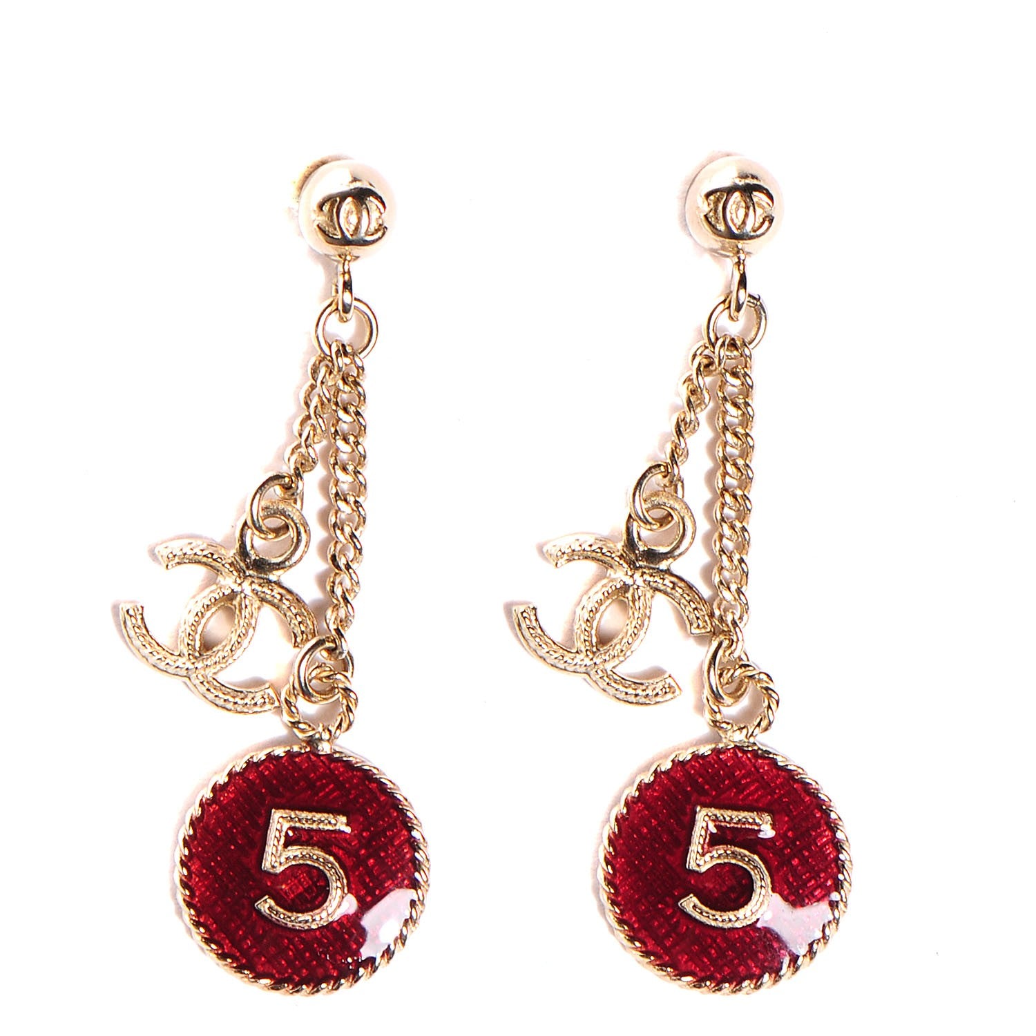 Chanel Enamel N°5 CC Drop Earrings Red Gold 1 of 9