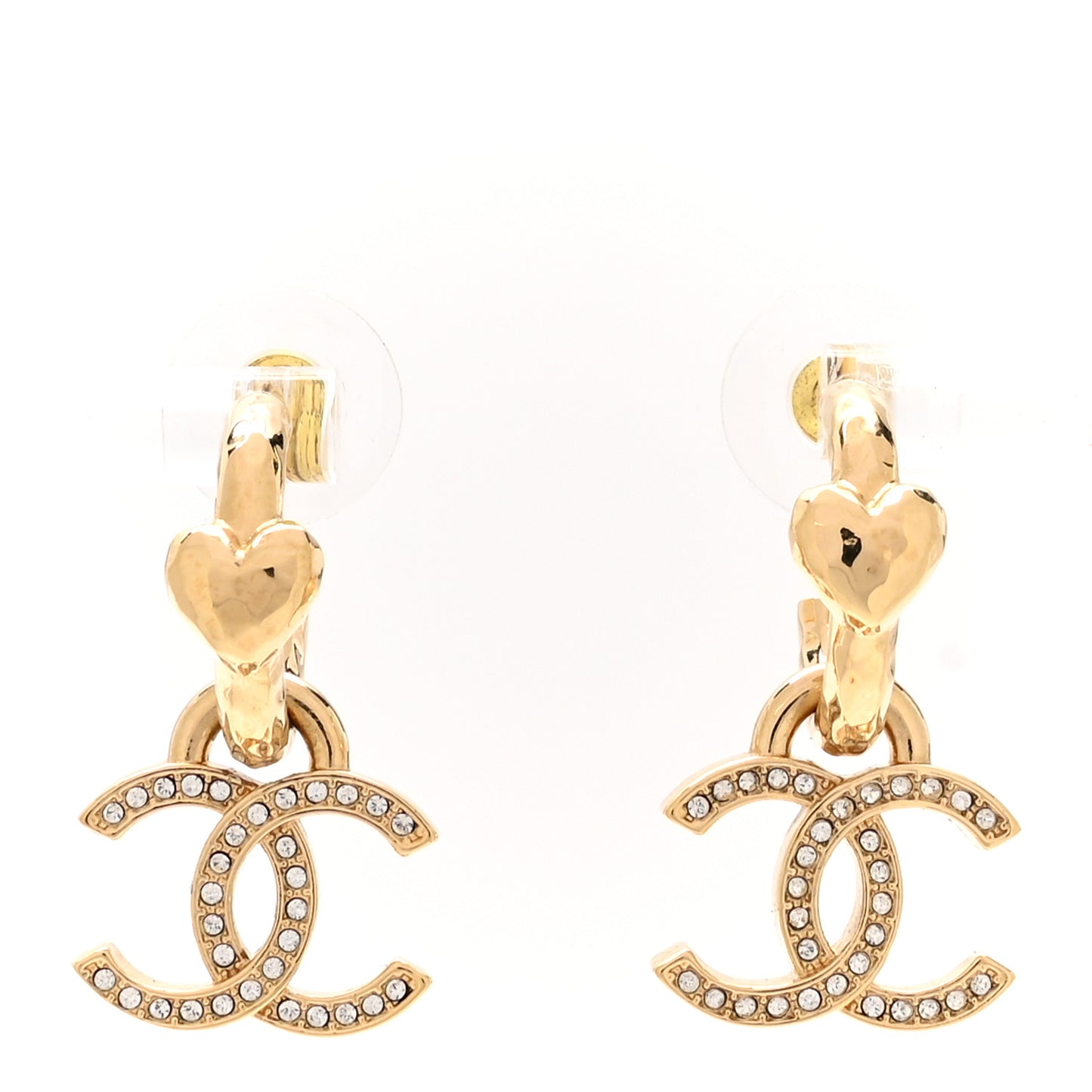 Metal Crystal CC Heart Drop Hoop Earrings Gold
