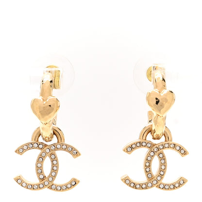 Chanel Metal Crystal CC Heart Drop Hoop Earrings Gold 1 of 4