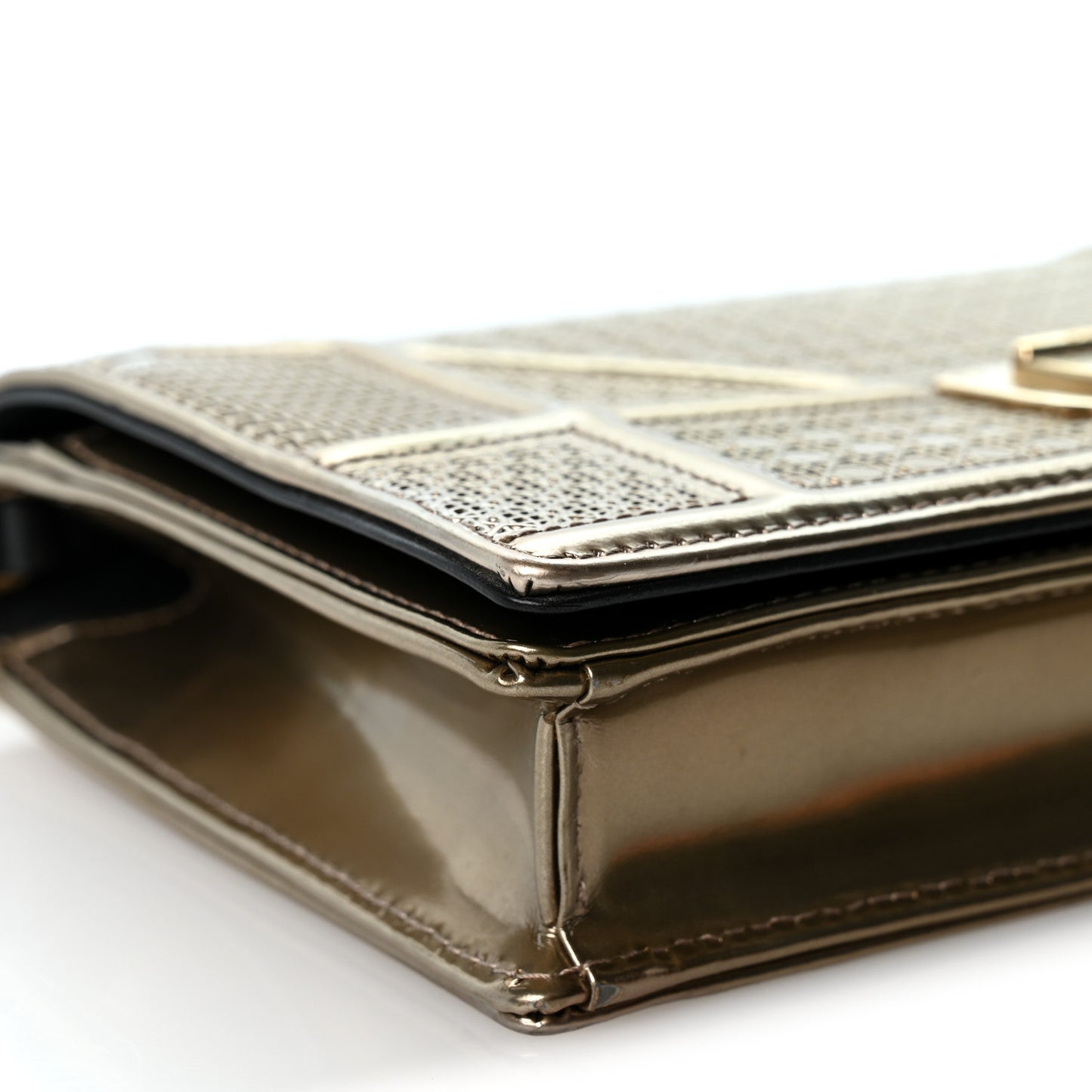 Metallic Patent Micro-Cannage Diorama Wallet on Chain Pouch Gold