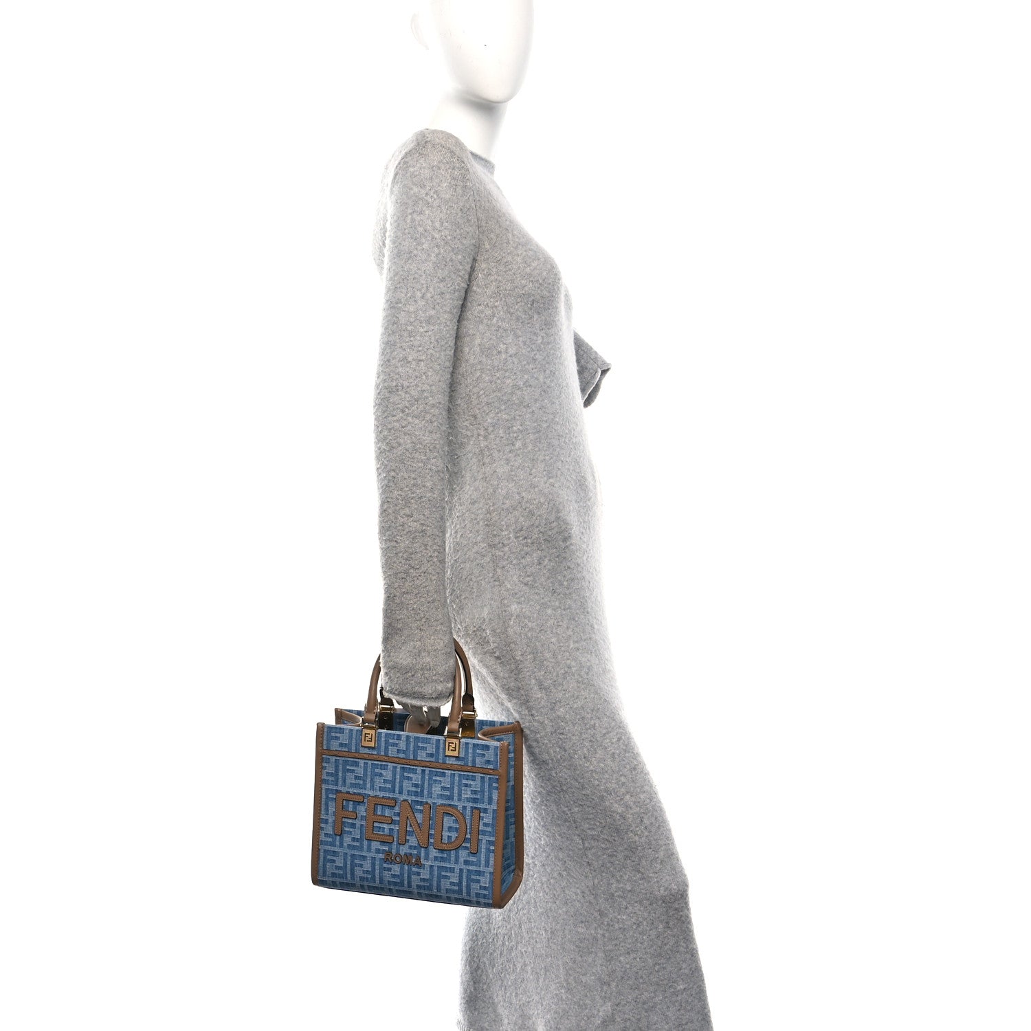 Fendi Denim Jacquard Vitello Grace FF 1974 Small Fendi Sunshine Shopper Tote Denim Sand 2 of 9
