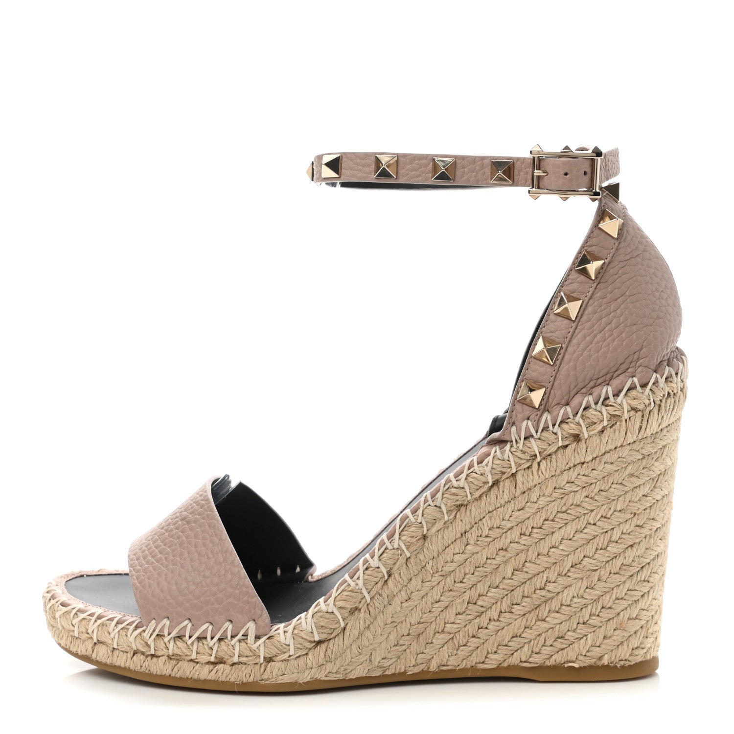 Valentino Garavani Grained Calfskin Rockstud Ankle Strap Espadrille 15/105mm Wedge Sandals 39 Poudre Natural 1 of 8