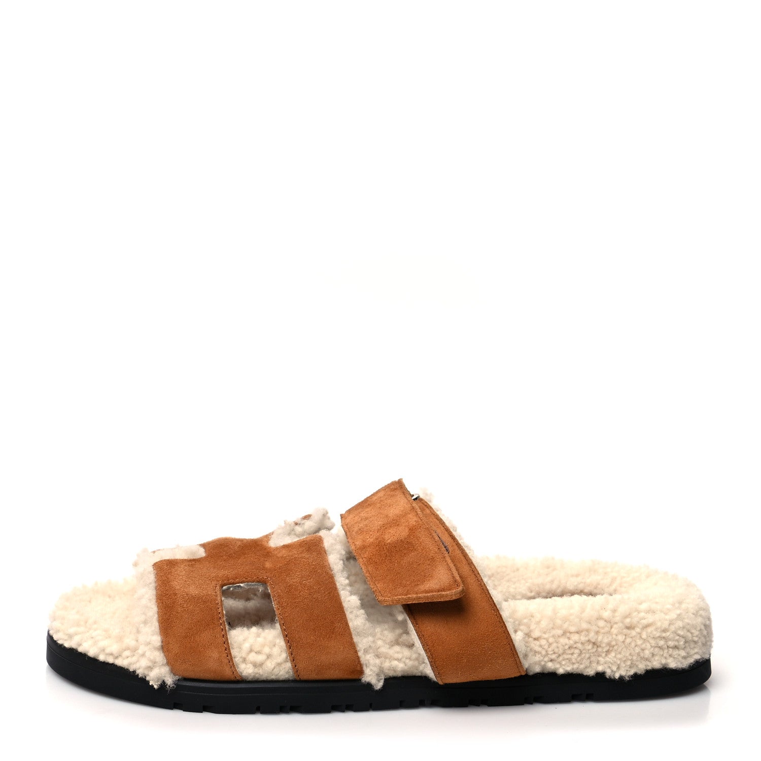 Hermes Suede Goatskin Woolskin Womens Chypre Sandals 38 Brun Fume Ecru 1 of 7