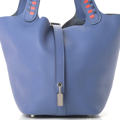 Hermes Epsom Tressage De Cuir Picotin Lock 18 PM Bleu Brighton Capucine Bleu Saphir 8 of 17