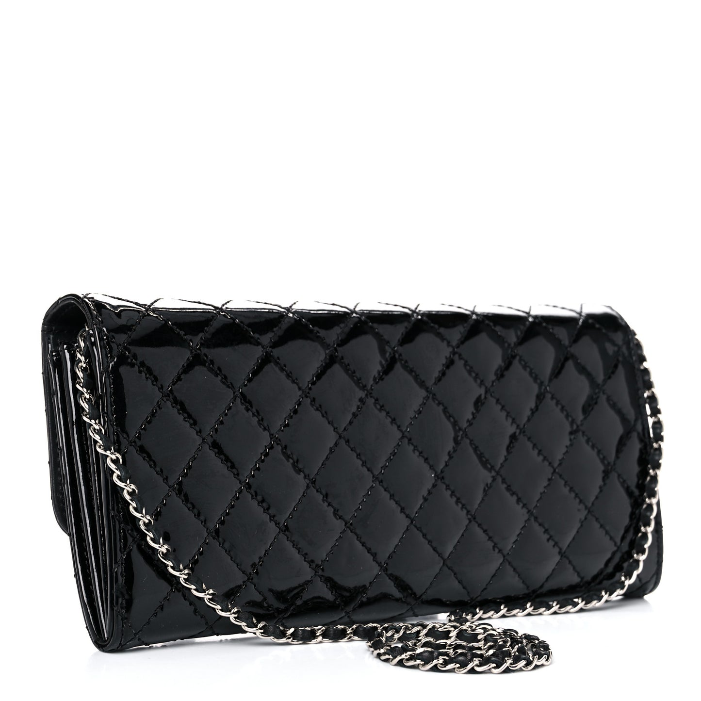 Patent Calfskin Quilted Brilliant East West Flap Clutch Black