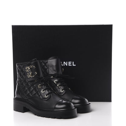 Chanel Shiny Goatskin Calfskin Quilted Lace Up Combat Boots 36 Black 9 of 9
