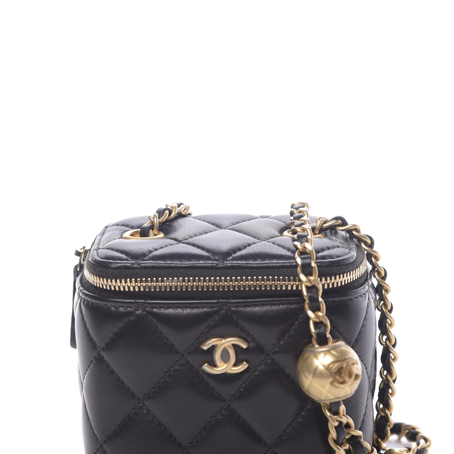 Lambskin Quilted Mini Pearl Crush Vanity Case With Chain Black