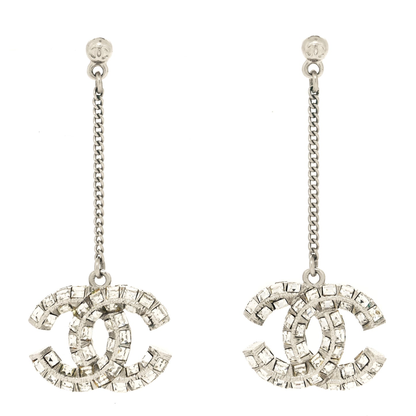 Baguette Crystal CC Drop Earrings Silver