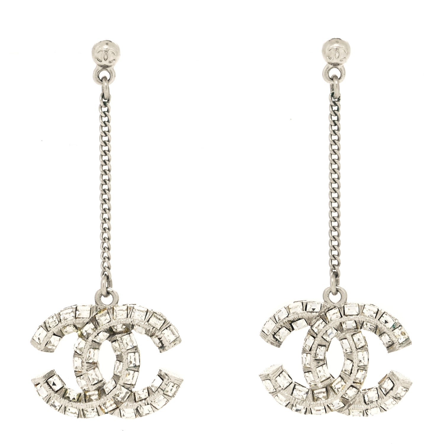 Chanel Baguette Crystal CC Drop Earrings Silver 1 of 3