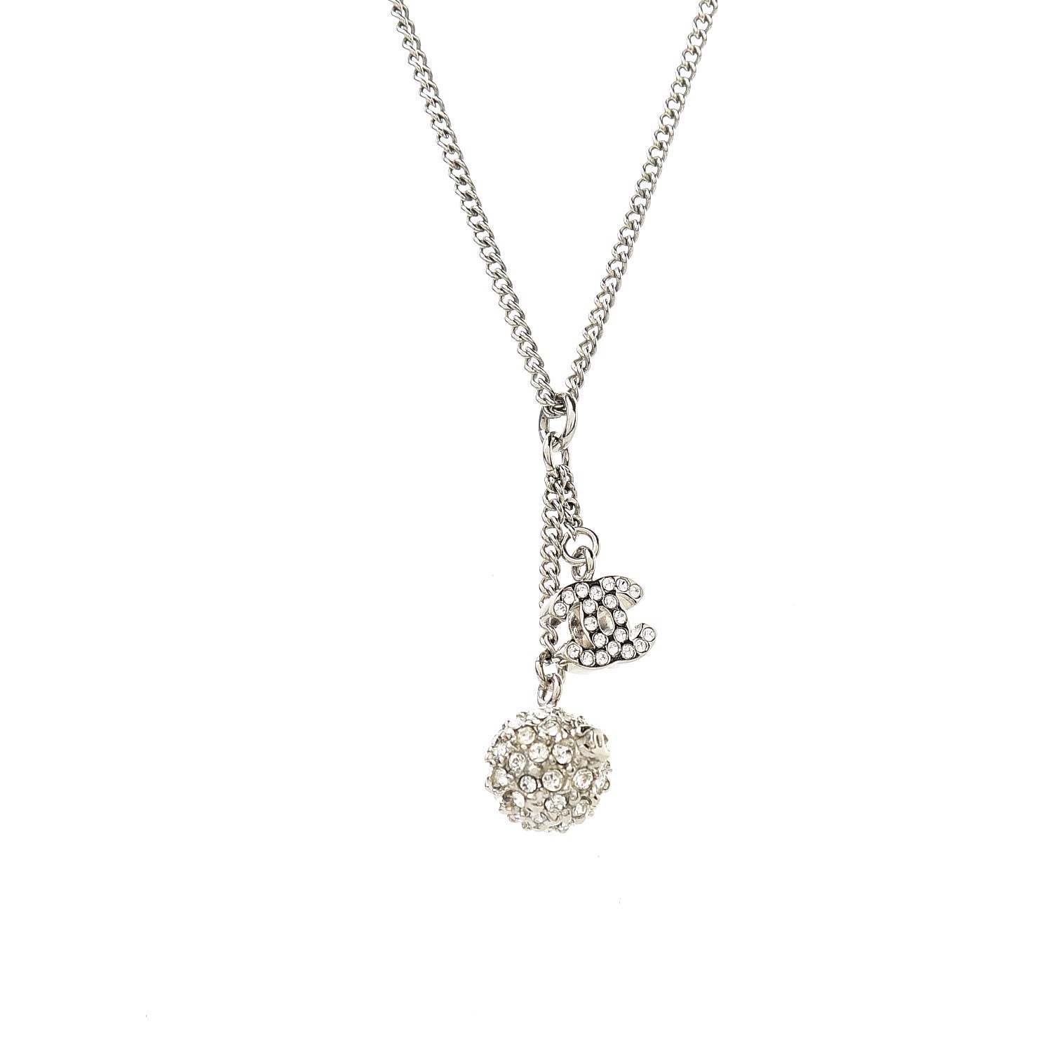 Chanel Crystal CC Ball Pendant Necklace Silver 5 of 5