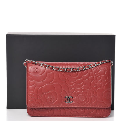 Chanel Lambskin Camellia Embossed Wallet On Chain WOC Red 17 of 17