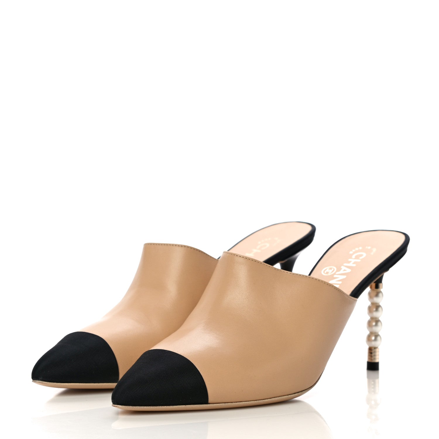 Chanel Lambskin Grosgrain Cap Toe Pearl Mule 40 Beige Black 3 of 10