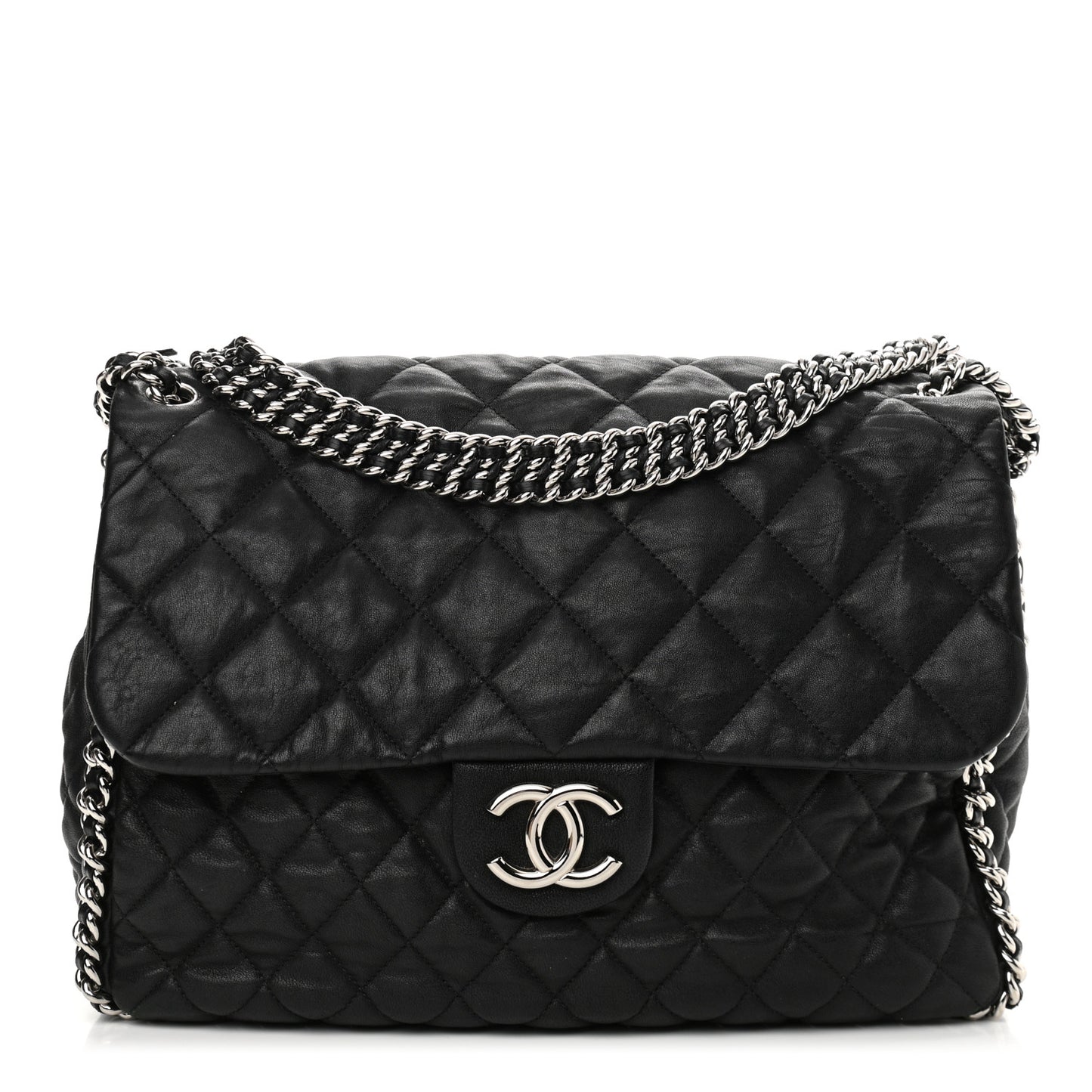 Washed Lambskin Quilted Maxi Chain Around Flap Black