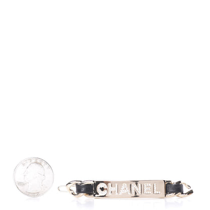 Chanel Metal Lambskin Crystal Sergeant Hair Clip Barette Black Gold 2 of 4