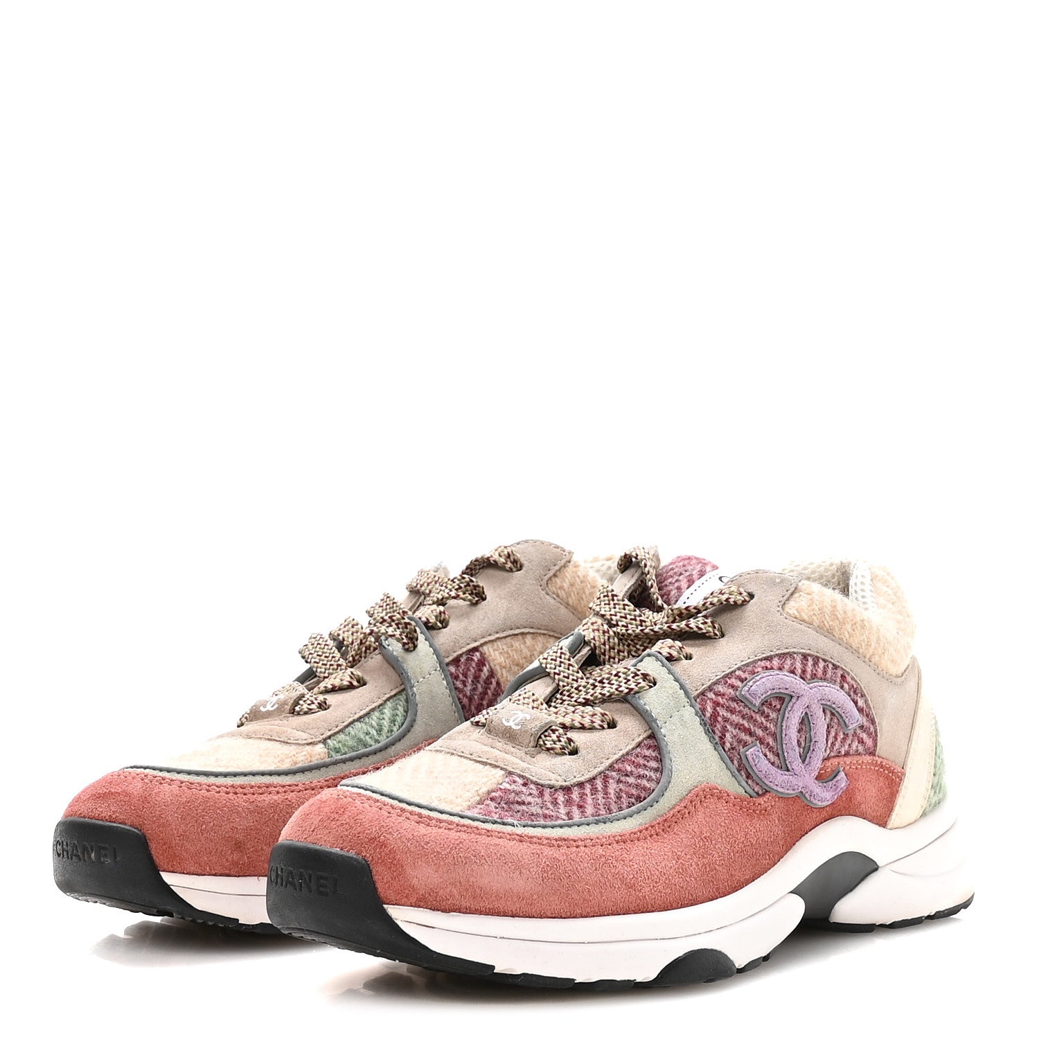 Chanel Fabric Suede Calfskin CC Sneakers 39 Pink Beige Multicolor 4 of 8