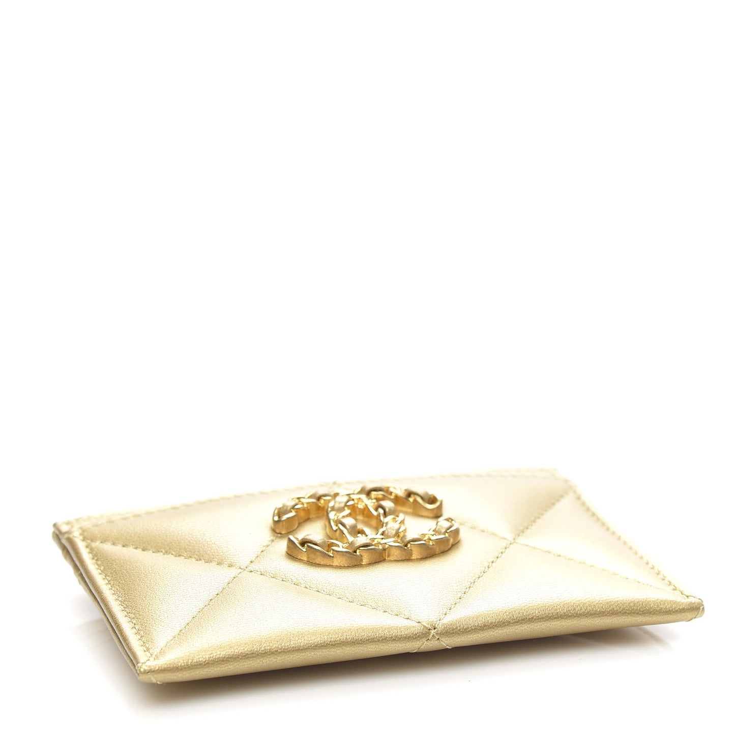 Metallic Goatskin Quilted Chanel 19 Card Holder Gold