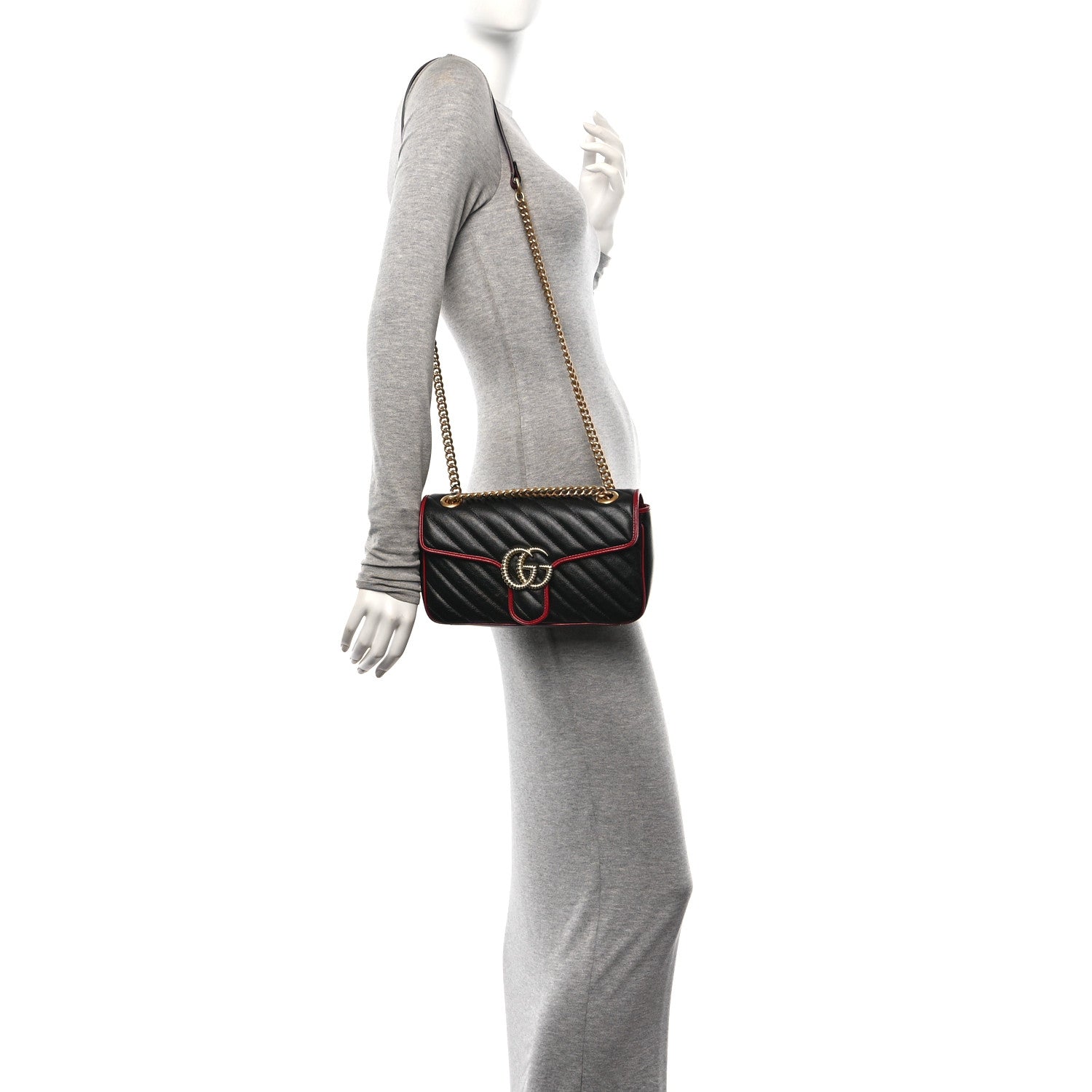 Gucci Vintage Effect Calfskin Matelasse Diagonal Small Torchon GG Marmont Shoulder Bag Black Romantic Cherry 2 of 10