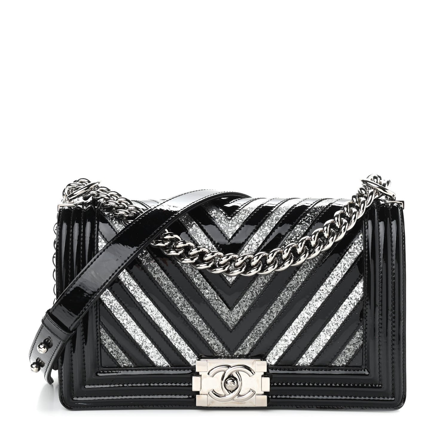 Patent Glitter PVC Chevron Quilted Medium Boy Flap Black Silver