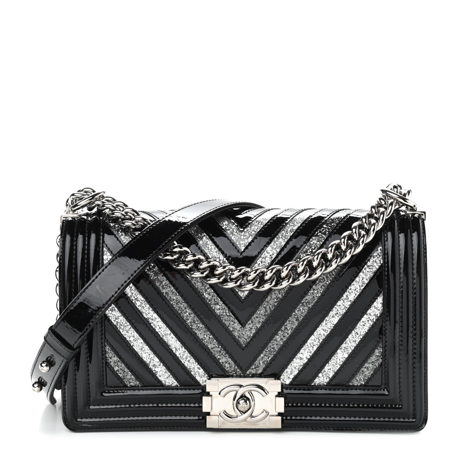 Chanel Patent Glitter PVC Chevron Quilted Medium Boy Flap Black Silver 1 of 11