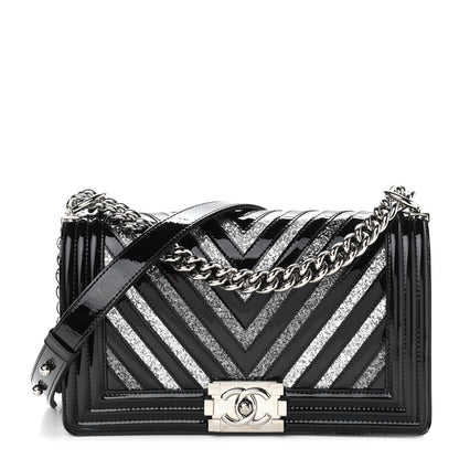 Chanel Patent Glitter PVC Chevron Quilted Medium Boy Flap Black Silver 1 of 11