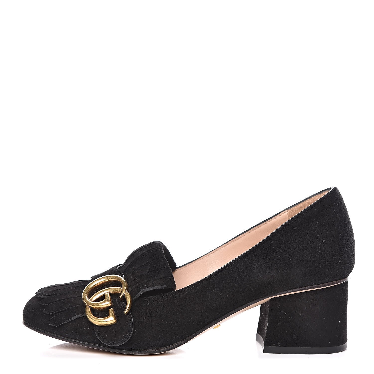 Gucci Kid Scamosciato GG Marmont Fringe 50mm Loafer Pumps 34.5 Black 2 of 13