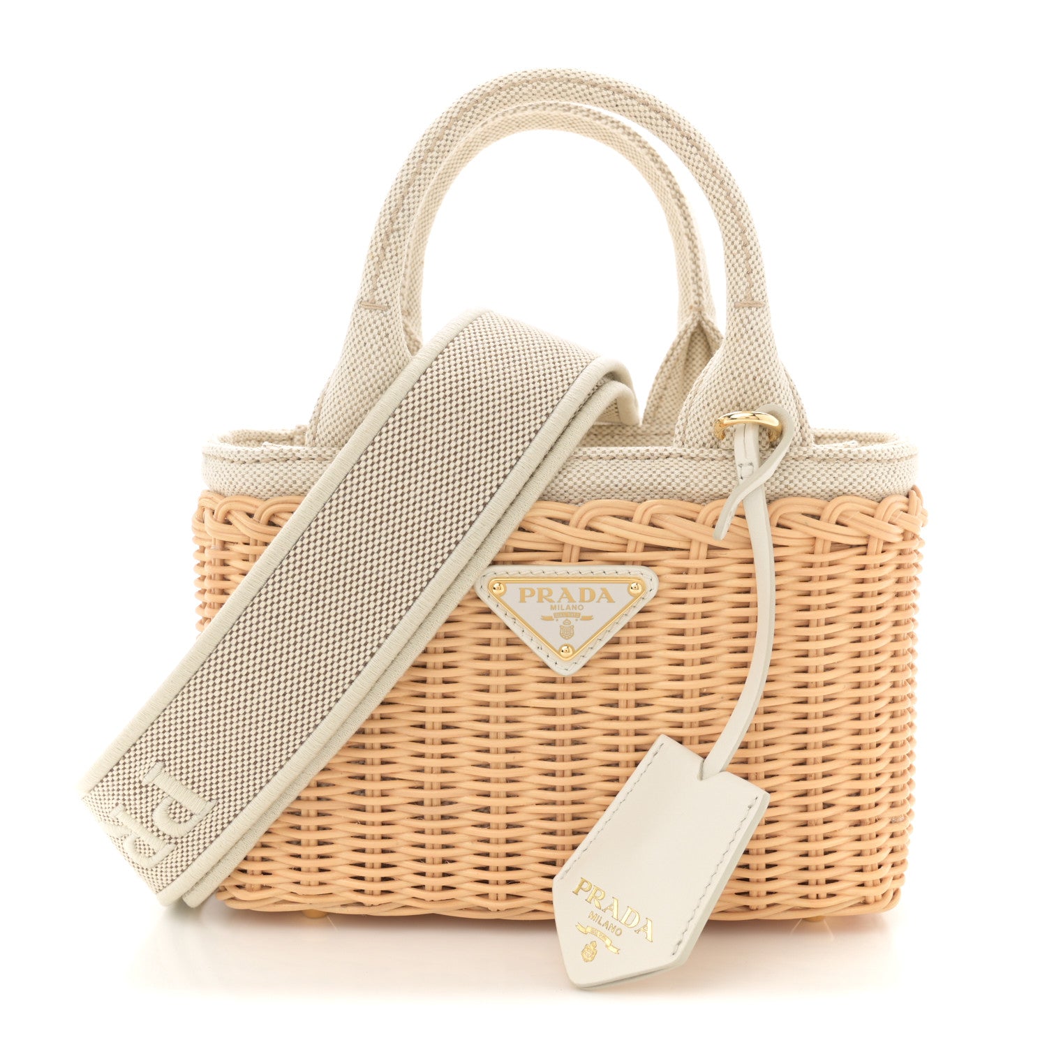 Prada Wicker Canvas Mini Tote Tan White 1 of 10