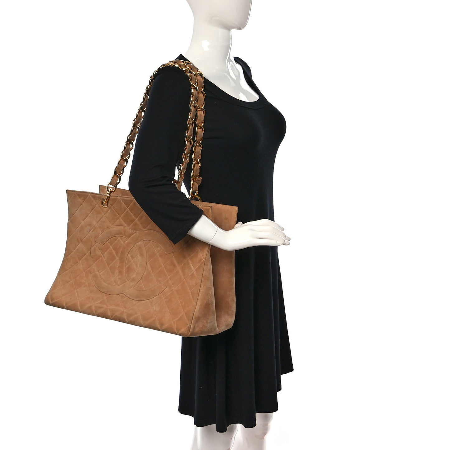 Suede Quilted CC Timeless Shopping Tote Beige