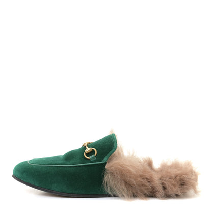 Gucci Velvet Fur Womens Princetown Slippers 37.5 Green 1 of 13
