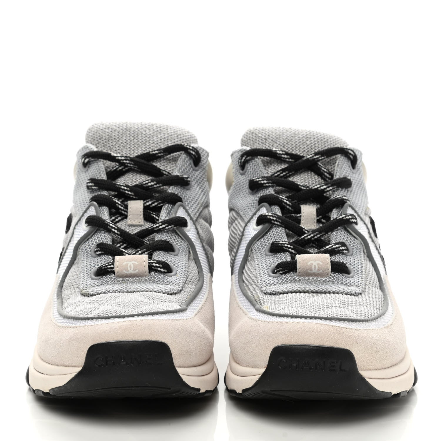Chanel Nylon Calfskin Suede Womens CC Sneakers 36 Grey White 2 of 10
