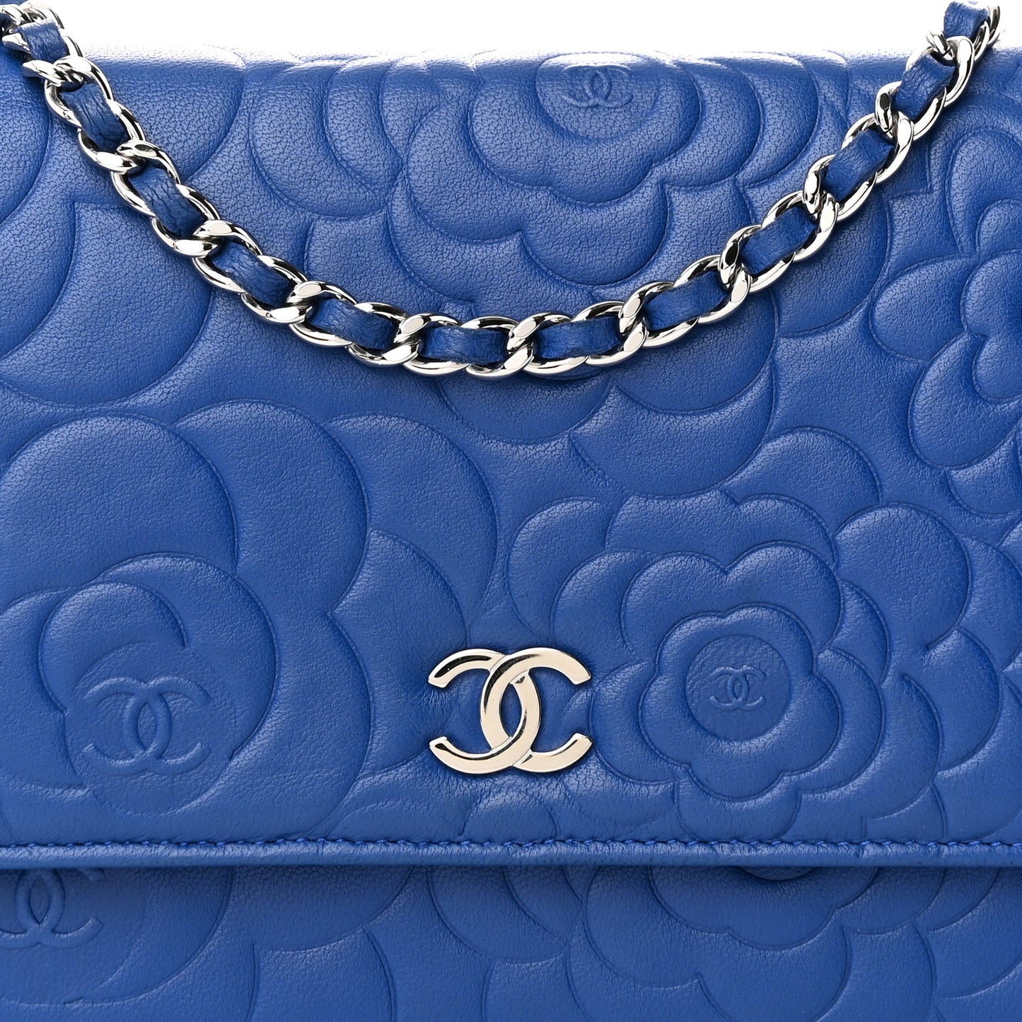 Lambskin Camellia Embossed Wallet on Chain WOC Blue