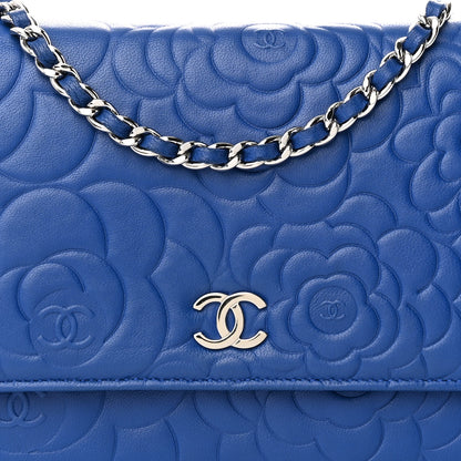 Chanel Lambskin Camellia Embossed Wallet on Chain WOC Blue 10 of 13